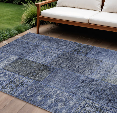10 X 14 Navy Blue And Charcoal Patchwork Washable Indoor Outdoor Area Rug