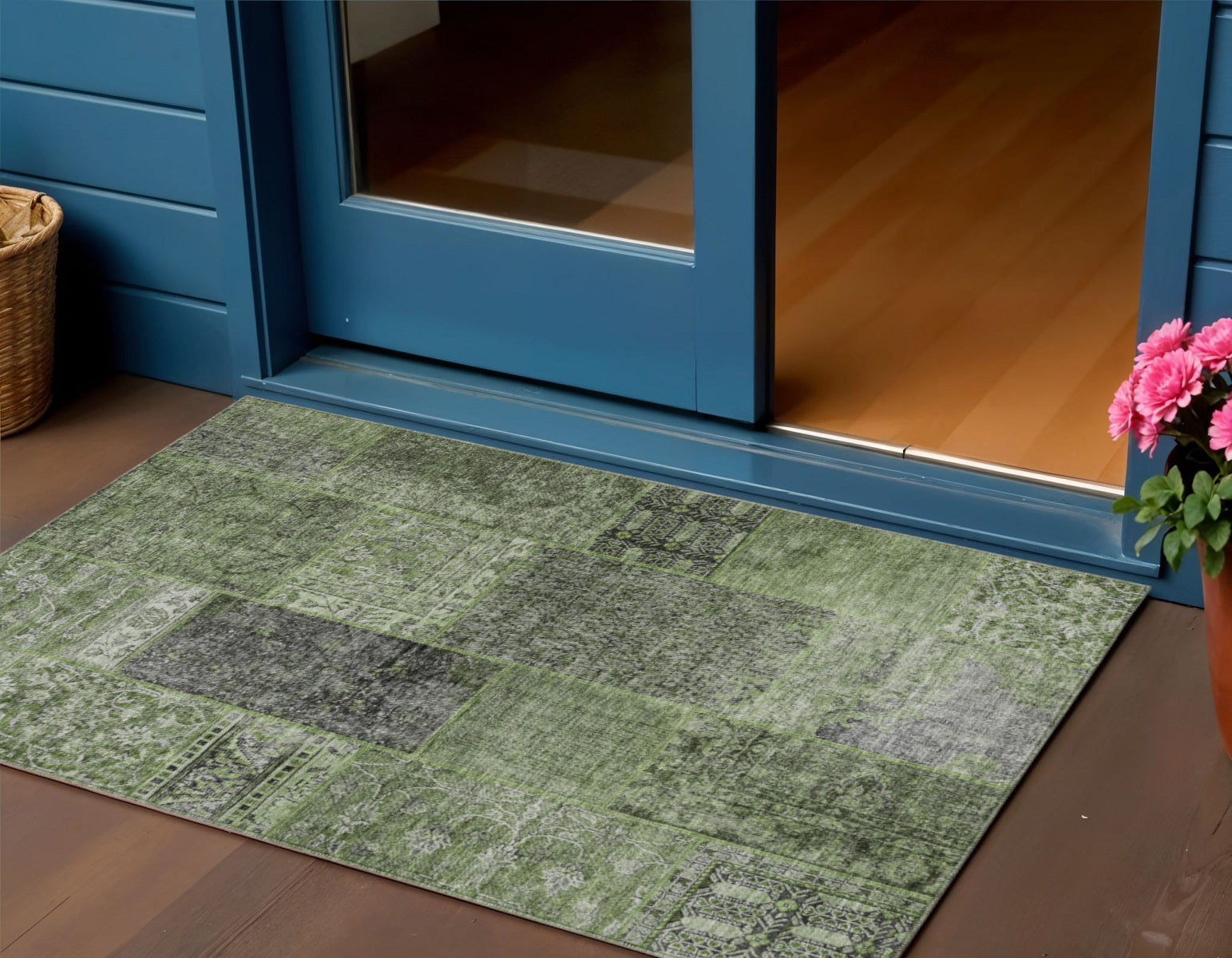 3 X 5 Olive Green And Gray Patchwork Washable Indoor Outdoor Area Rug