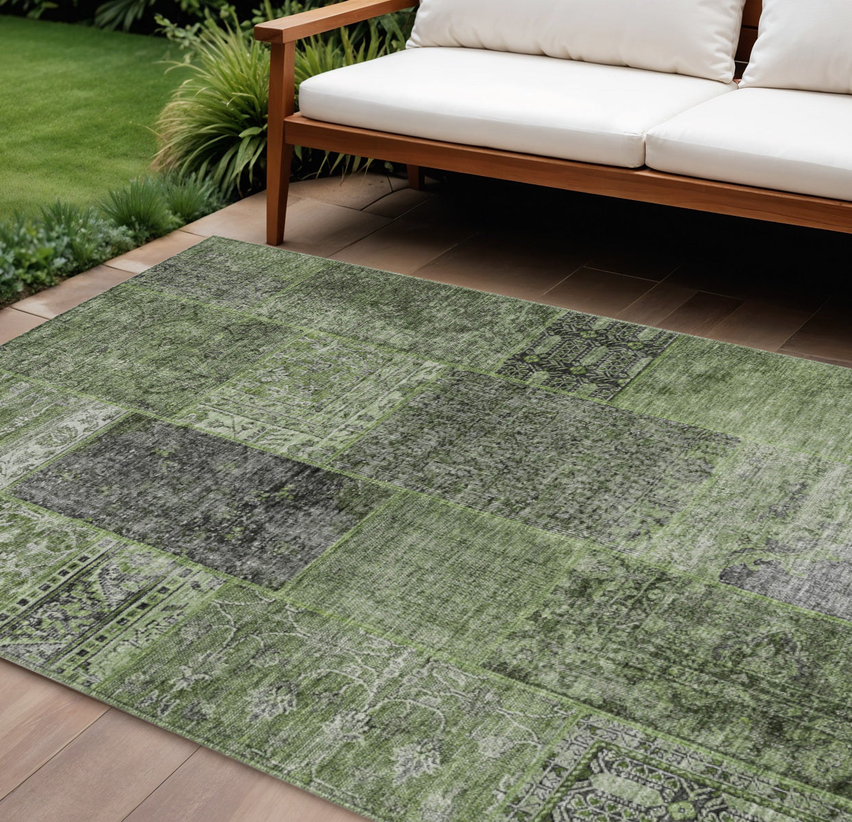 10 X 14 Olive Green And Gray Patchwork Washable Indoor Outdoor Area Rug