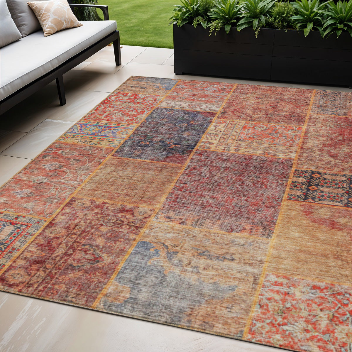 5 X 8 Red Orange And Blue Patchwork Washable Indoor Outdoor Area Rug