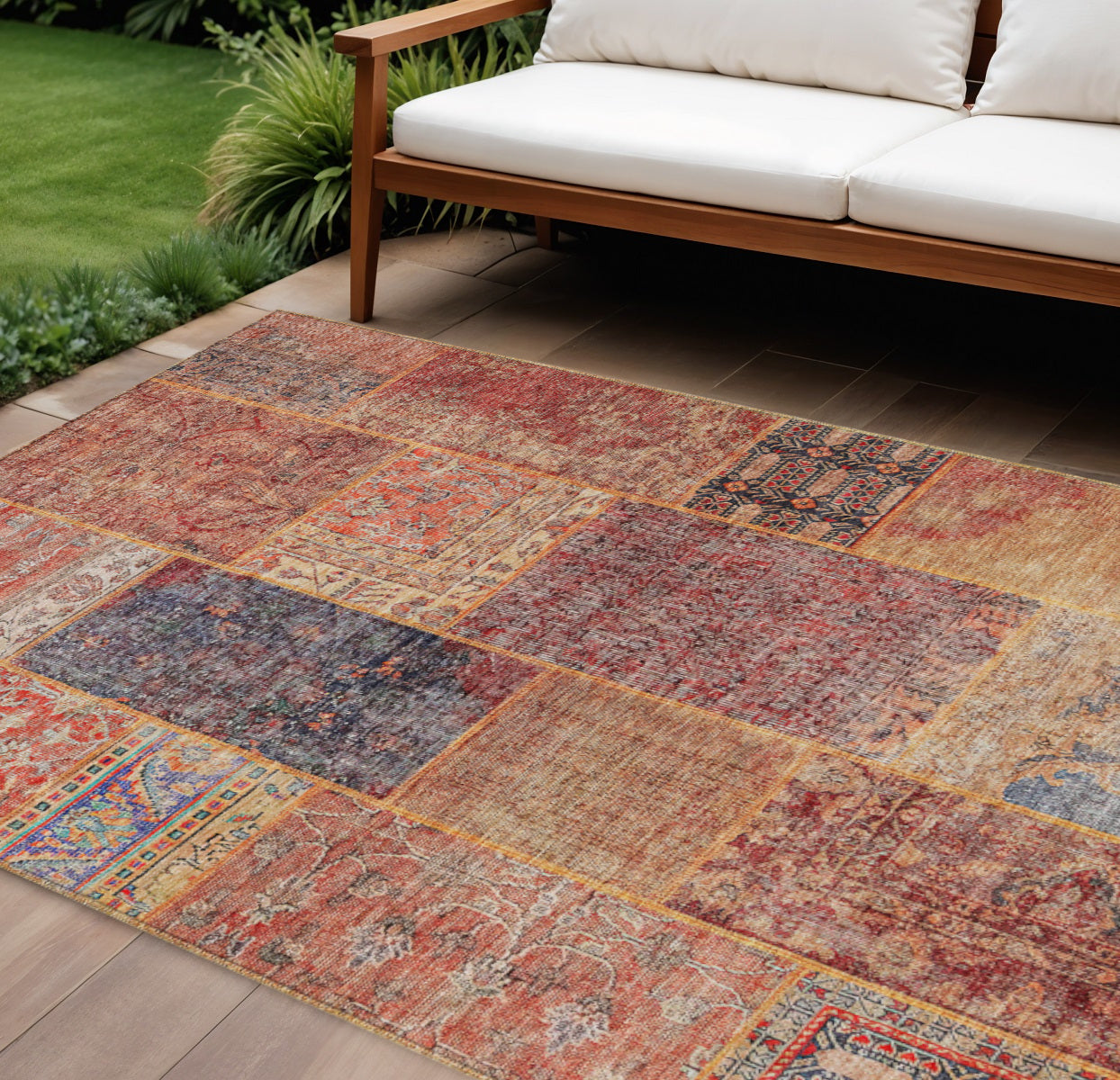 8 X 10 Red Orange And Blue Patchwork Washable Indoor Outdoor Area Rug