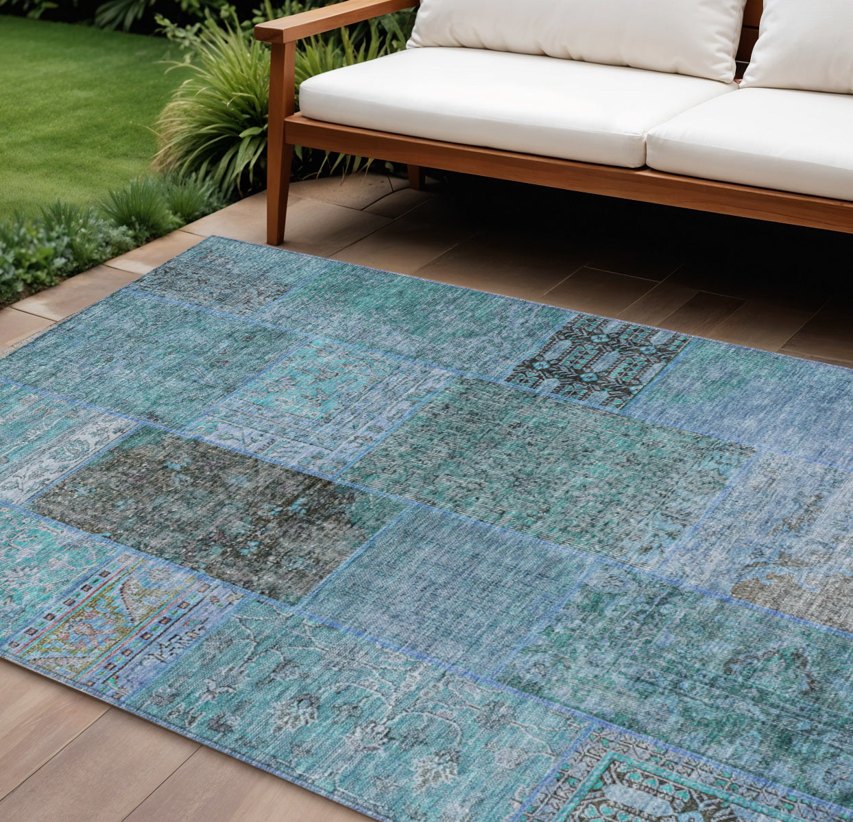 9 X 12 Teal Blue Aqua And Gray Patchwork Washable Indoor Outdoor Area Rug