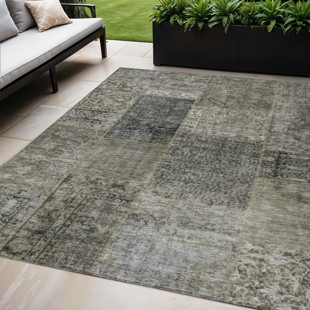 5 X 8 Taupe Brown And Charcoal Patchwork Washable Indoor Outdoor Area Rug