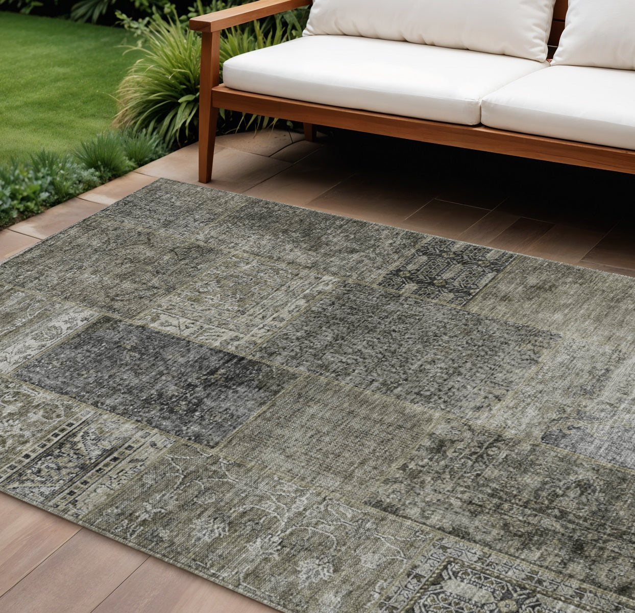 9 X 12 Taupe Brown And Charcoal Patchwork Washable Indoor Outdoor Area Rug