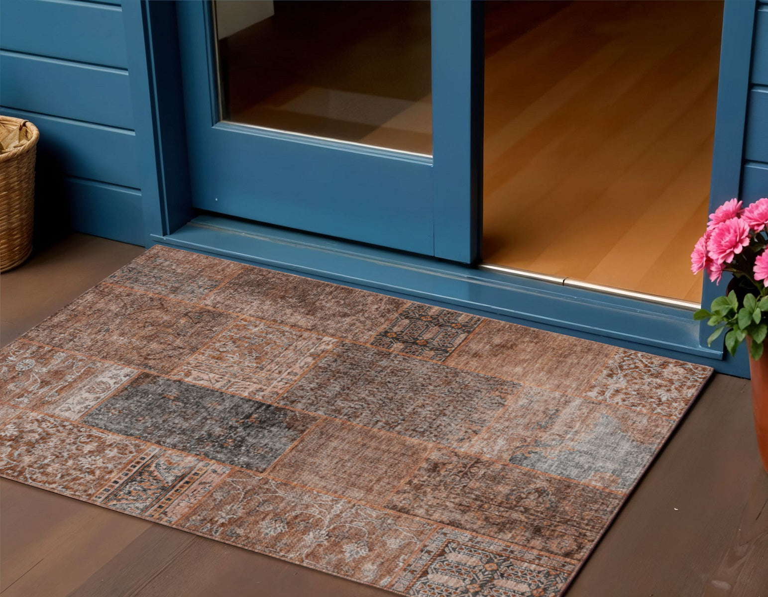 3 X 5 Terra Cotta Copper And Charcoal Patchwork Washable Indoor Outdoor Area Rug