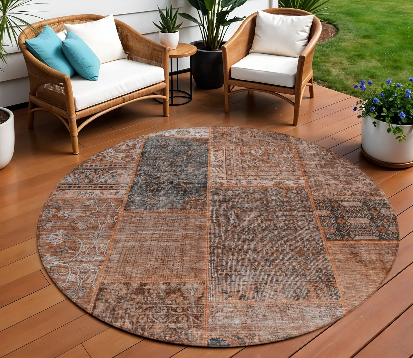 8 Terra Cotta Copper And Charcoal Round Patchwork Washable Indoor Outdoor Area Rug