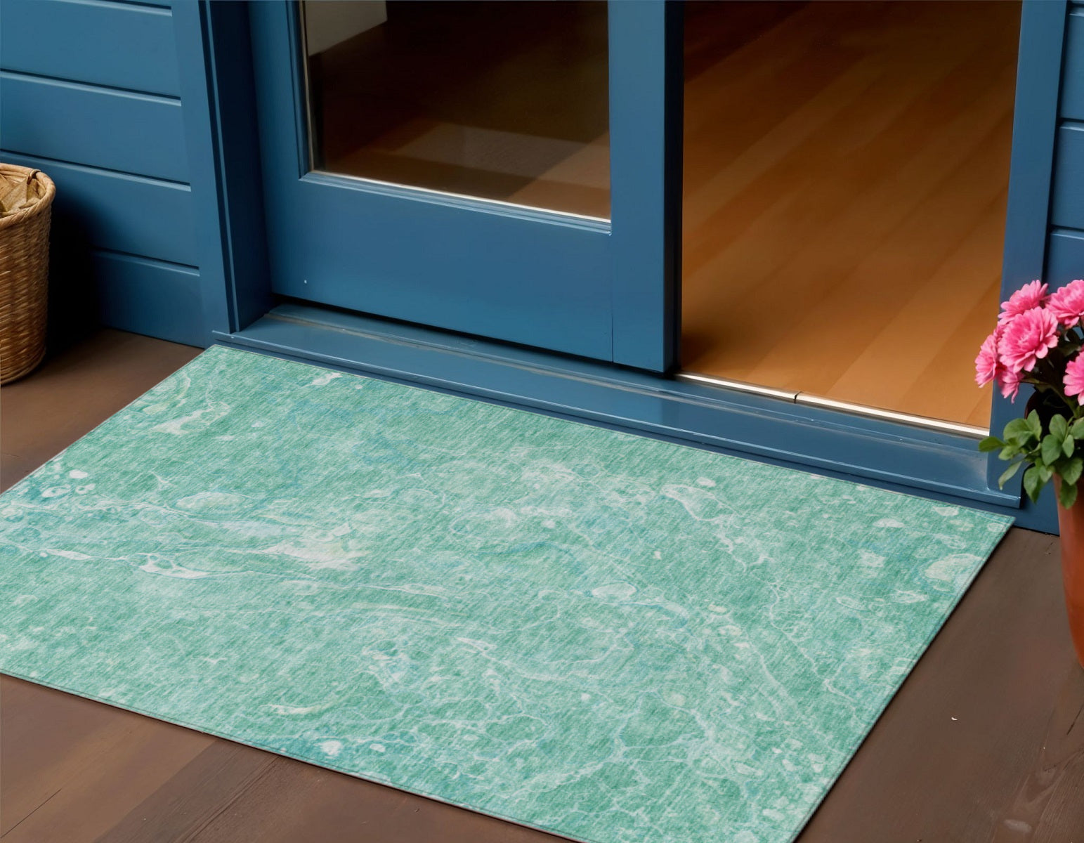 3 X 5 Teal Blue Aqua And Green Abstract Washable Indoor Outdoor Area Rug