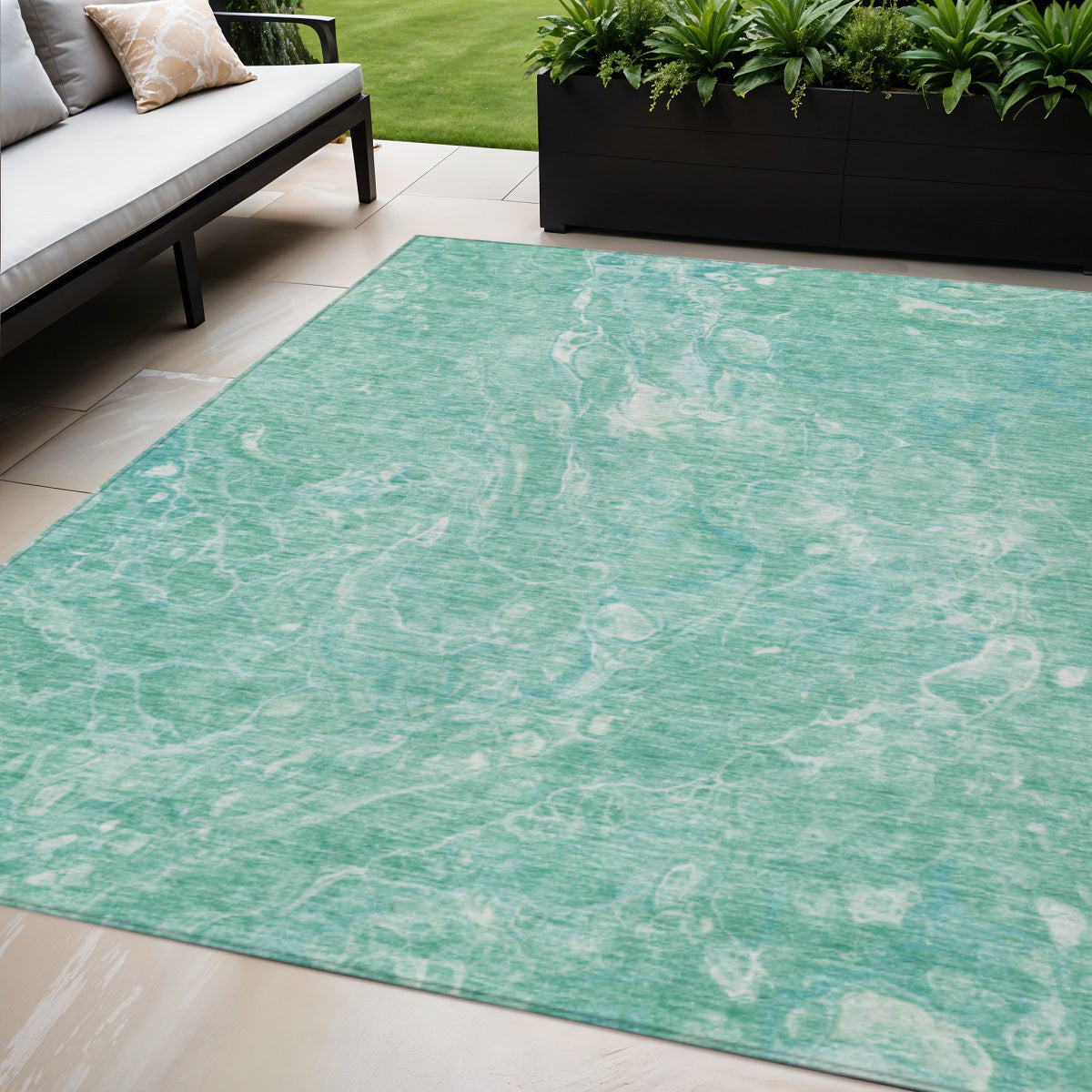 5 X 8 Teal Blue Aqua And Green Abstract Washable Indoor Outdoor Area Rug