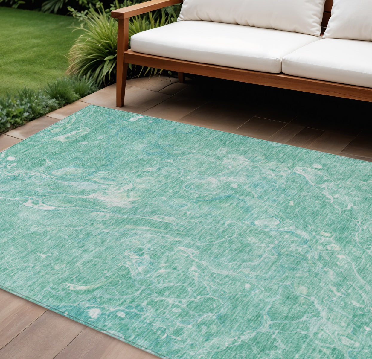 10 X 14 Teal Blue Aqua And Green Abstract Washable Indoor Outdoor Area Rug