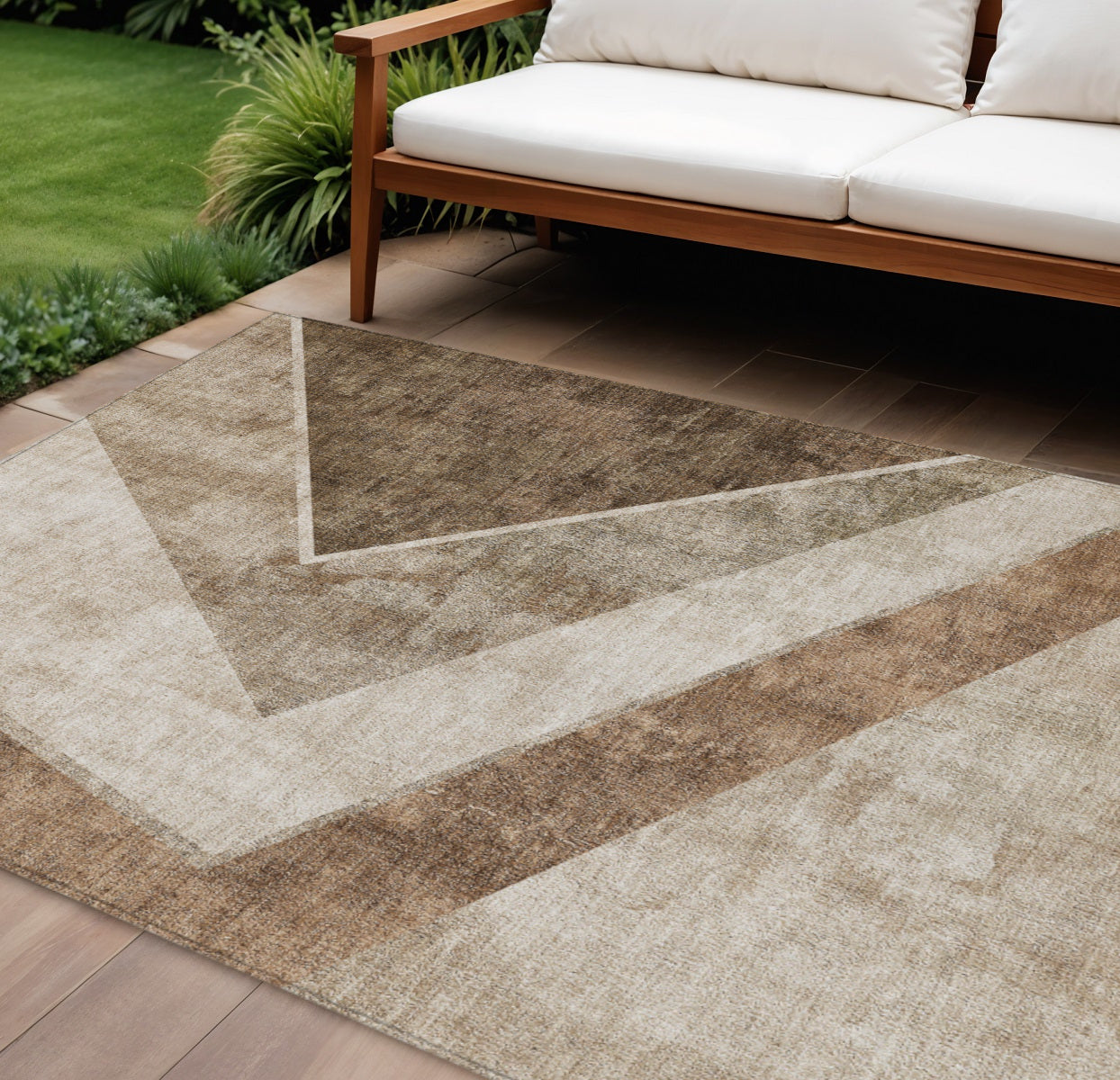 8 X 10 Brown And Beige Geometric Washable Indoor Outdoor Area Rug