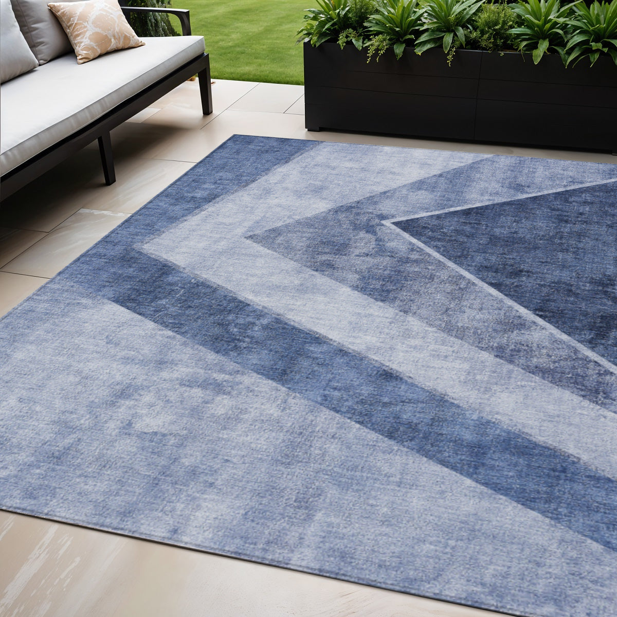 5 X 8 Navy Blue And Denim Blue Geometric Washable Indoor Outdoor Area Rug