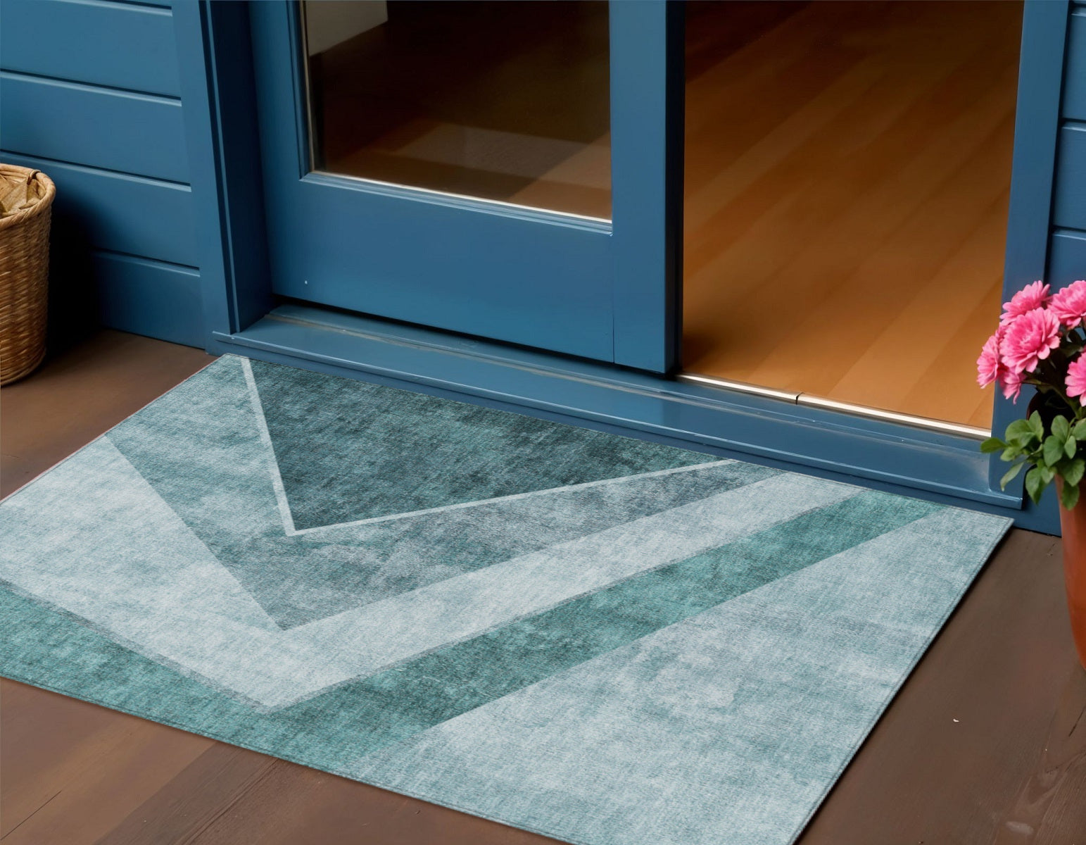 3 X 5 Teal Blue Aqua And Blue Geometric Washable Indoor Outdoor Area Rug
