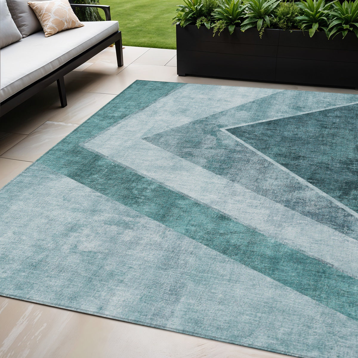 5 X 8 Teal Blue Aqua And Blue Geometric Washable Indoor Outdoor Area Rug