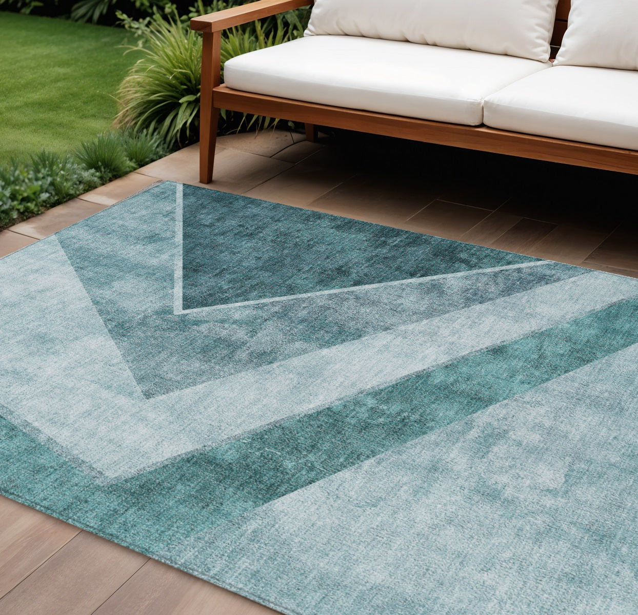 8 X 10 Teal Blue Aqua And Blue Geometric Washable Indoor Outdoor Area Rug