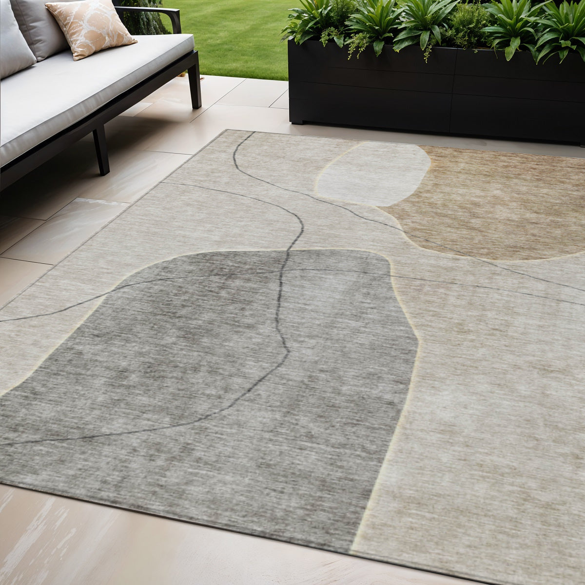5 X 8 Beige Brown And Taupe Abstract Washable Indoor Outdoor Area Rug