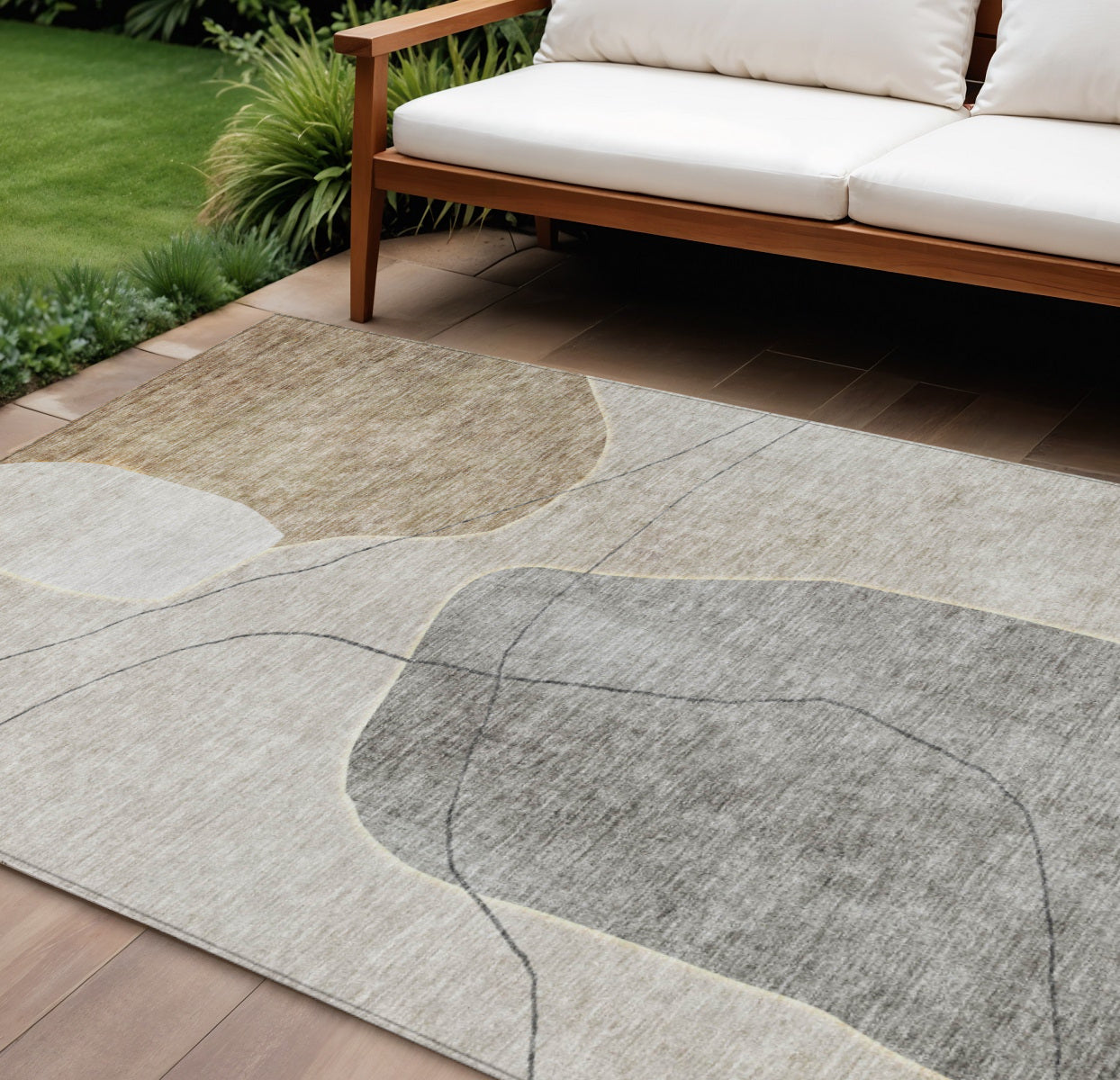 10 X 14 Beige Brown And Taupe Abstract Washable Indoor Outdoor Area Rug