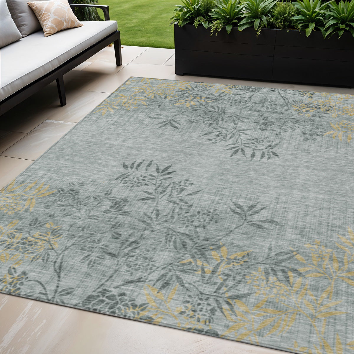 5 X 8 Gray Charcoal And Gold Floral Washable Indoor Outdoor Area Rug