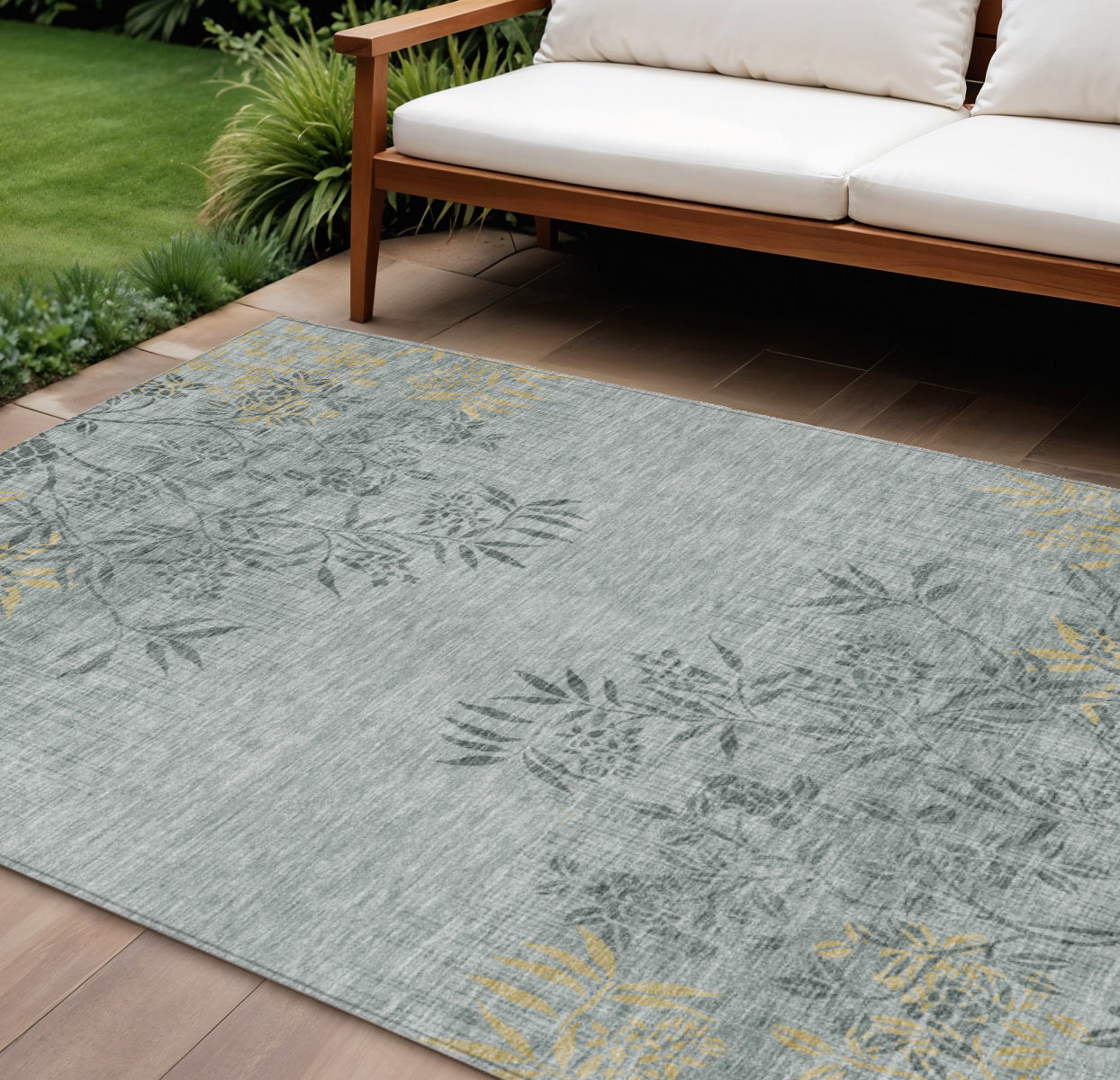 10 X 14 Gray Charcoal And Gold Floral Washable Indoor Outdoor Area Rug
