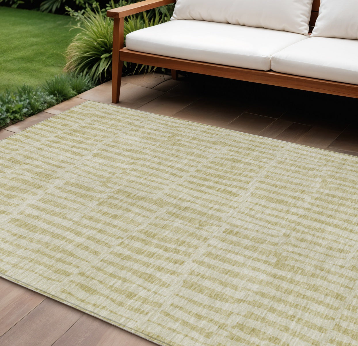 9 X 12 Beige And Tan Striped Washable Indoor Outdoor Area Rug