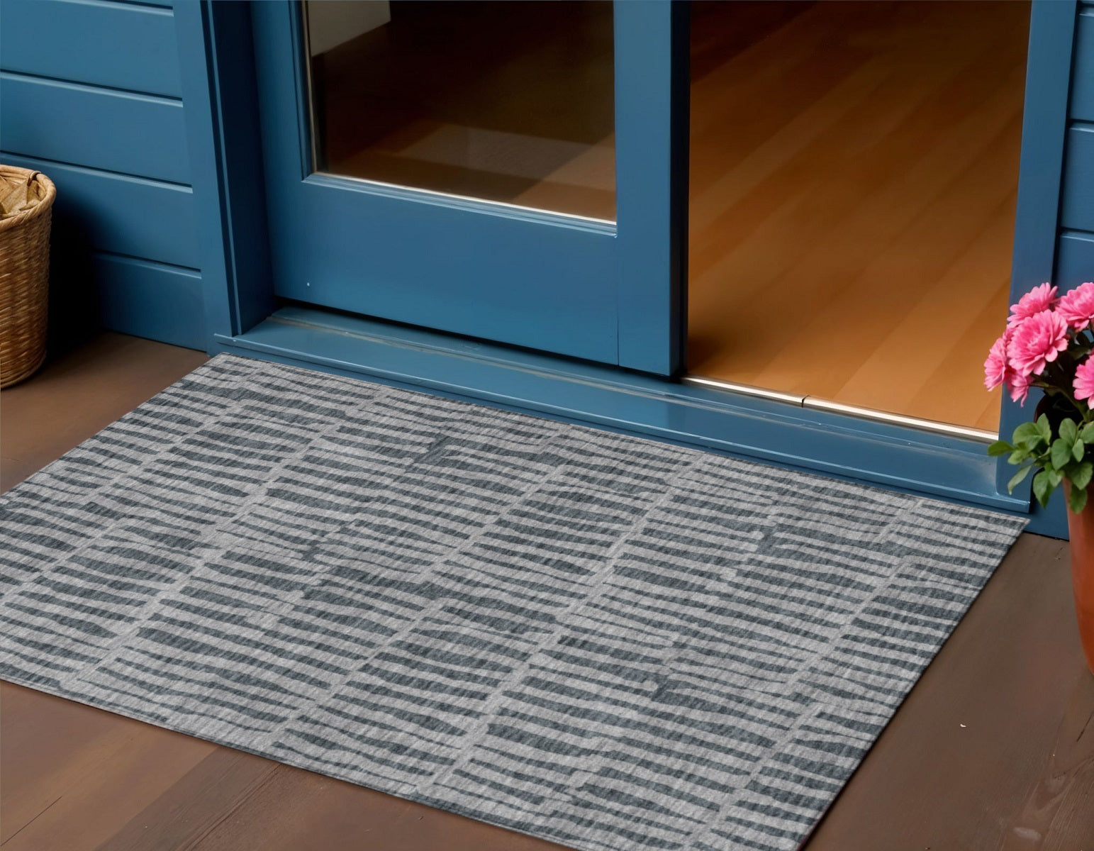 3 X 5 Charcoal And Gray Striped Washable Indoor Outdoor Area Rug