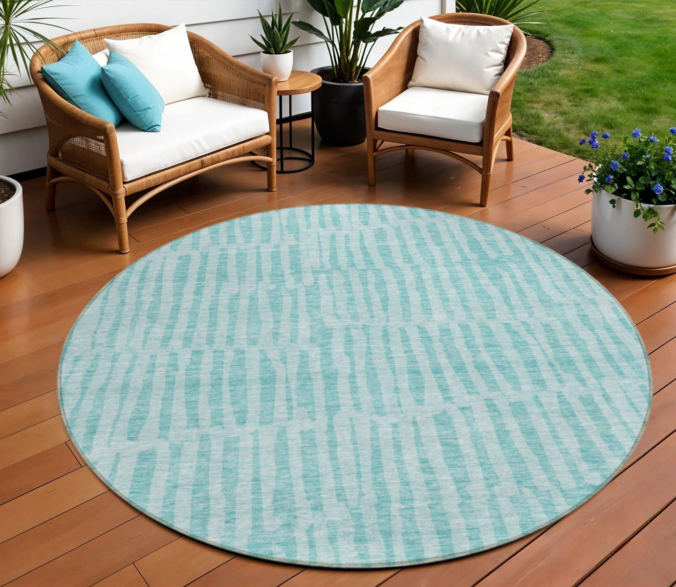 8 Teal Blue And Aqua Round Striped Washable Indoor Outdoor Area Rug
