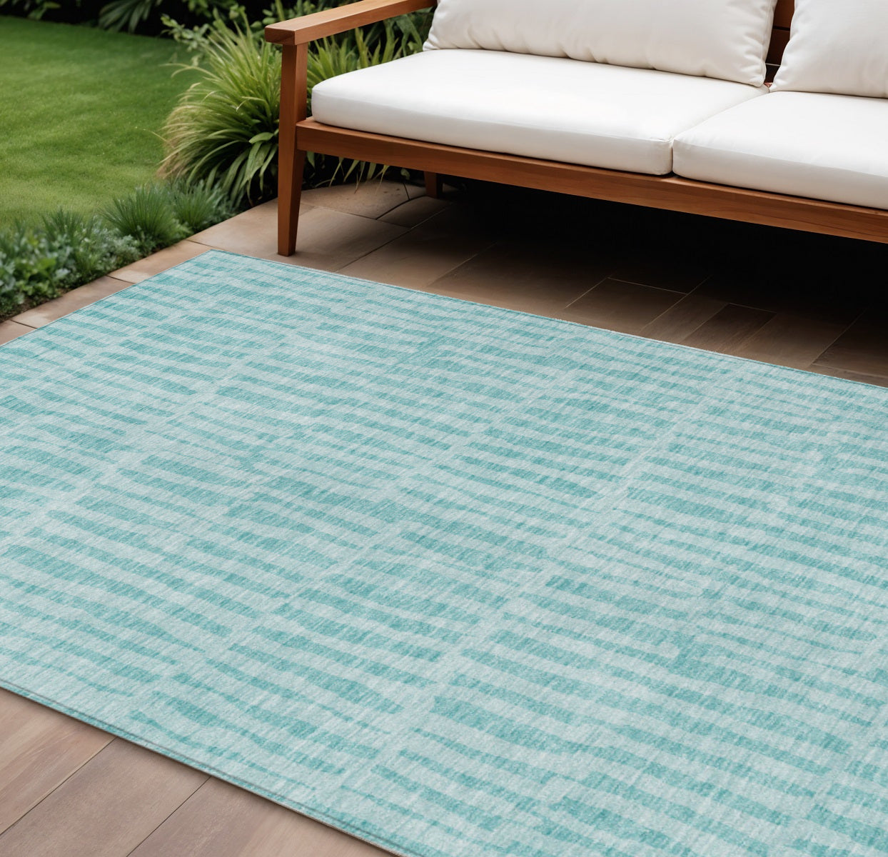 9 X 12 Teal Blue And Aqua Striped Washable Indoor Outdoor Area Rug