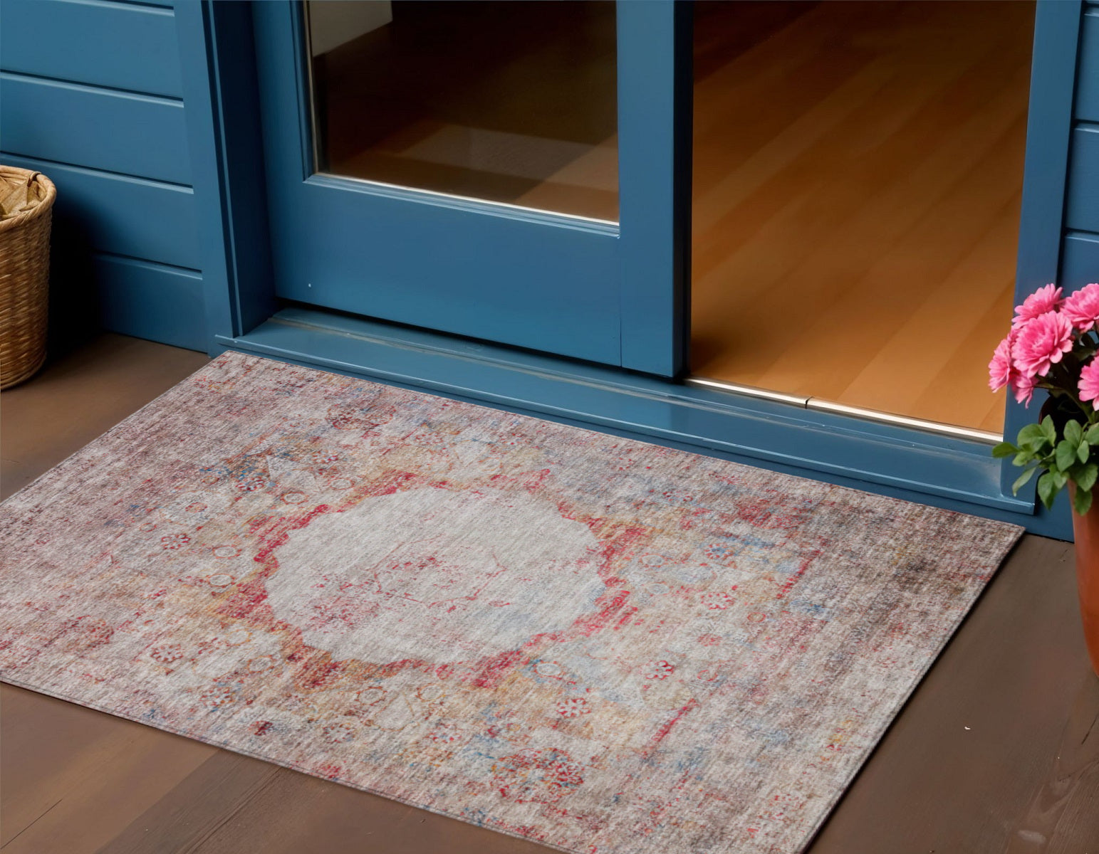 3 X 5 Red Gray And Blue Oriental Washable Indoor Outdoor Area Rug