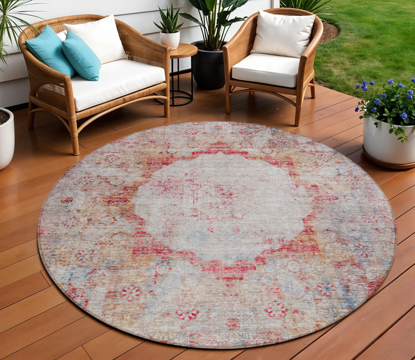 8 Red Gray And Blue Round Oriental Washable Indoor Outdoor Area Rug