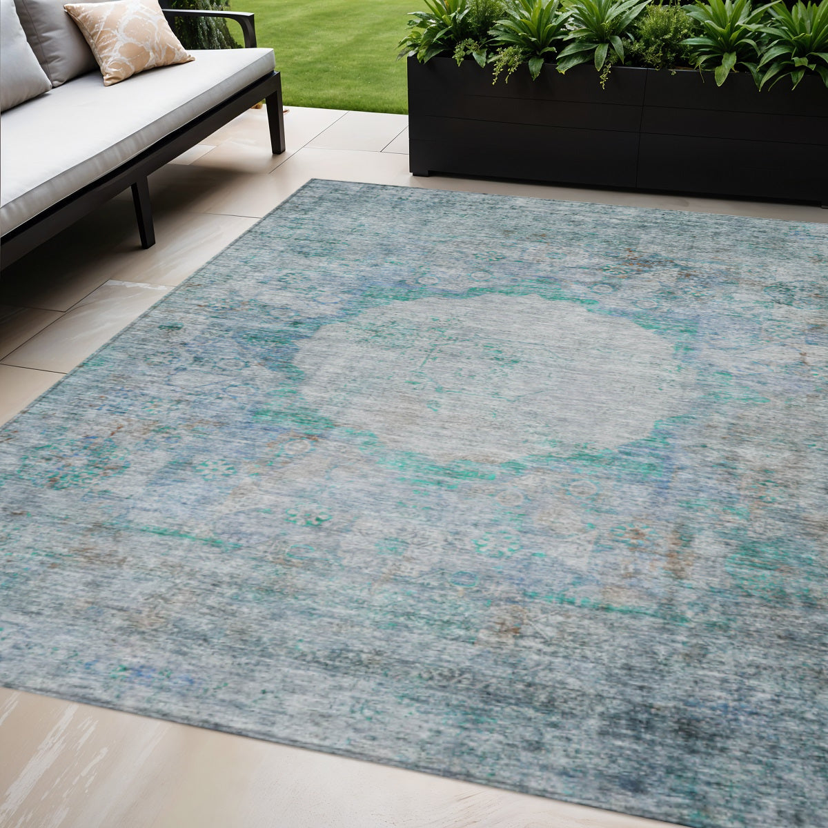 5 X 8 Teal Blue Aqua And Gray Oriental Washable Indoor Outdoor Area Rug