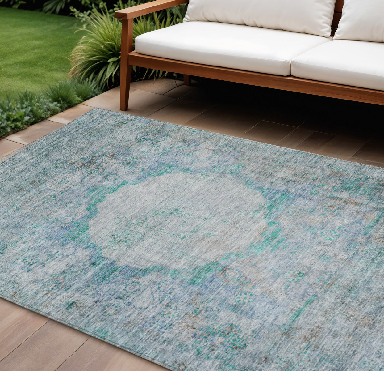 8 X 10 Teal Blue Aqua And Gray Oriental Washable Indoor Outdoor Area Rug