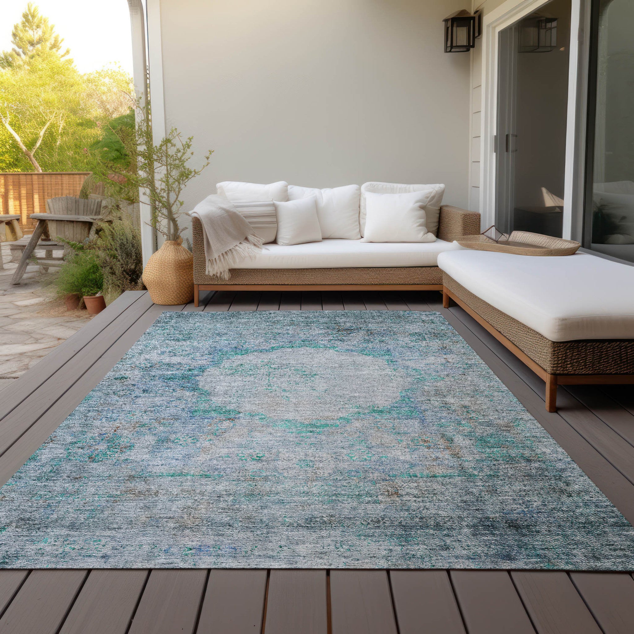 10 X 14 Teal Blue Aqua And Gray Oriental Washable Indoor Outdoor Area Rug