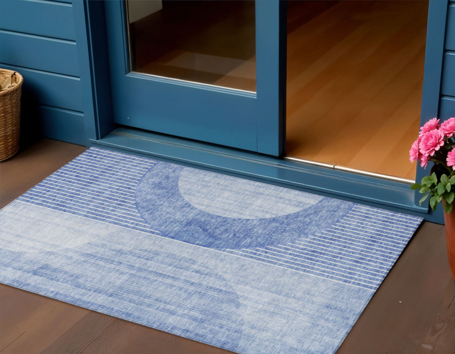 3 X 5 Denim Blue And Sky Blue Geometric Washable Indoor Outdoor Area Rug