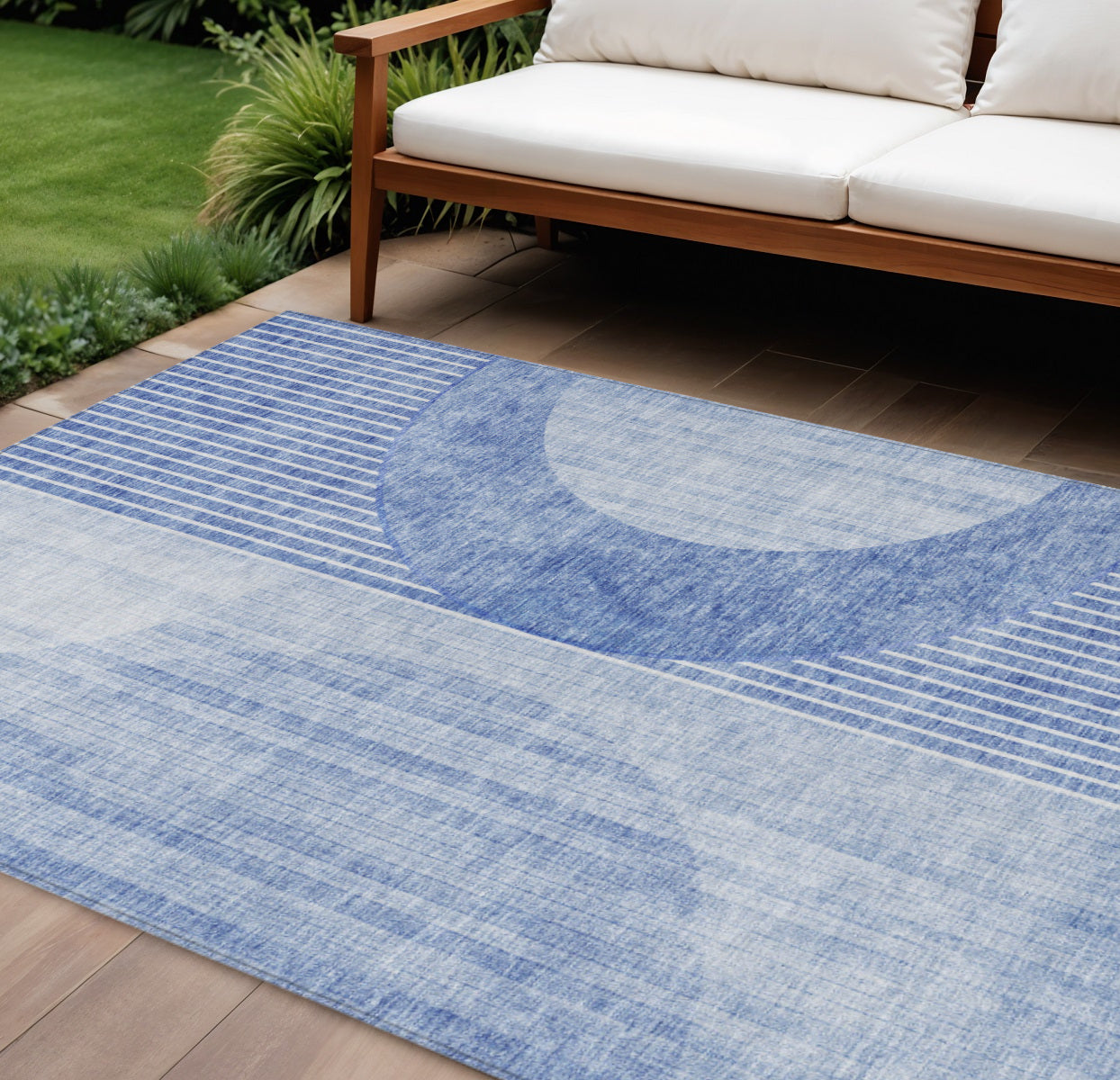 9 X 12 Denim Blue And Sky Blue Geometric Washable Indoor Outdoor Area Rug