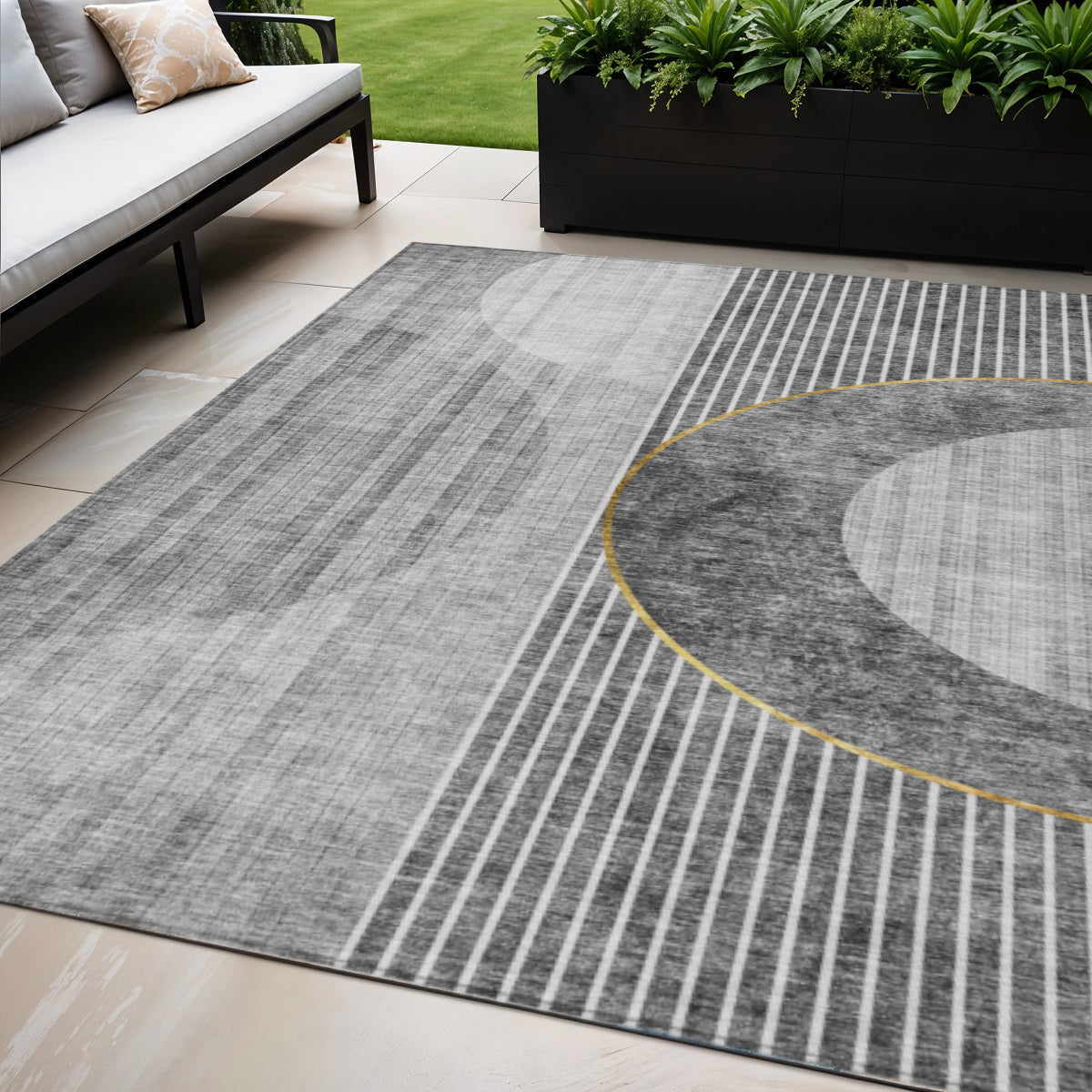 5 X 8 Charcoal Gray And Silver Geometric Washable Indoor Outdoor Area Rug