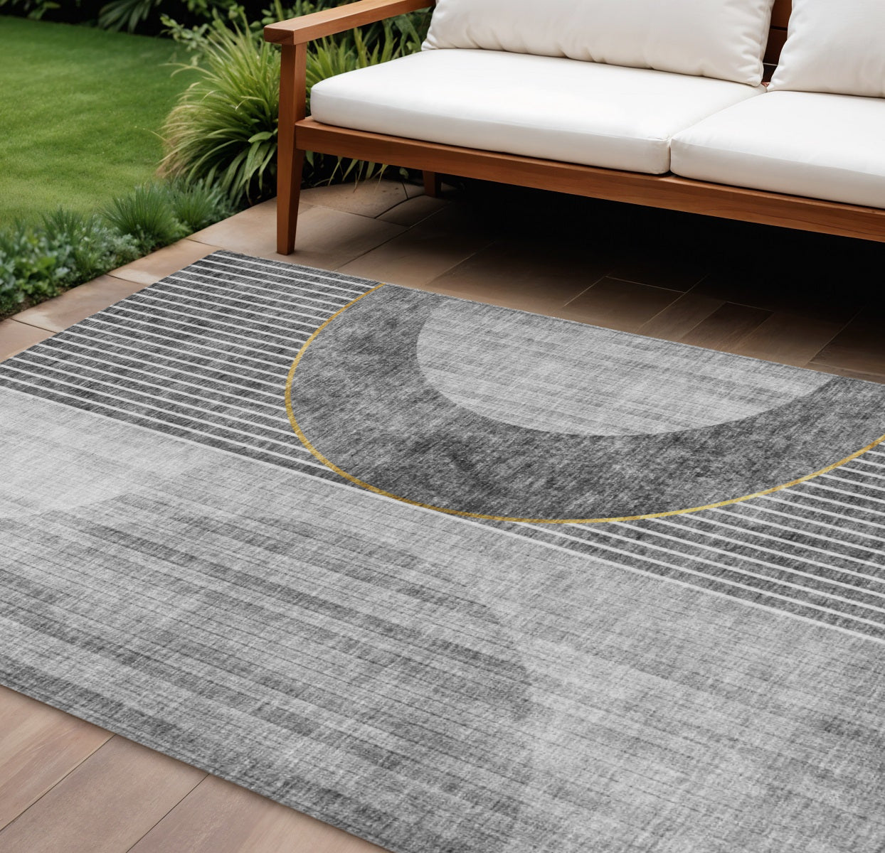 8 X 10 Charcoal Gray And Silver Geometric Washable Indoor Outdoor Area Rug