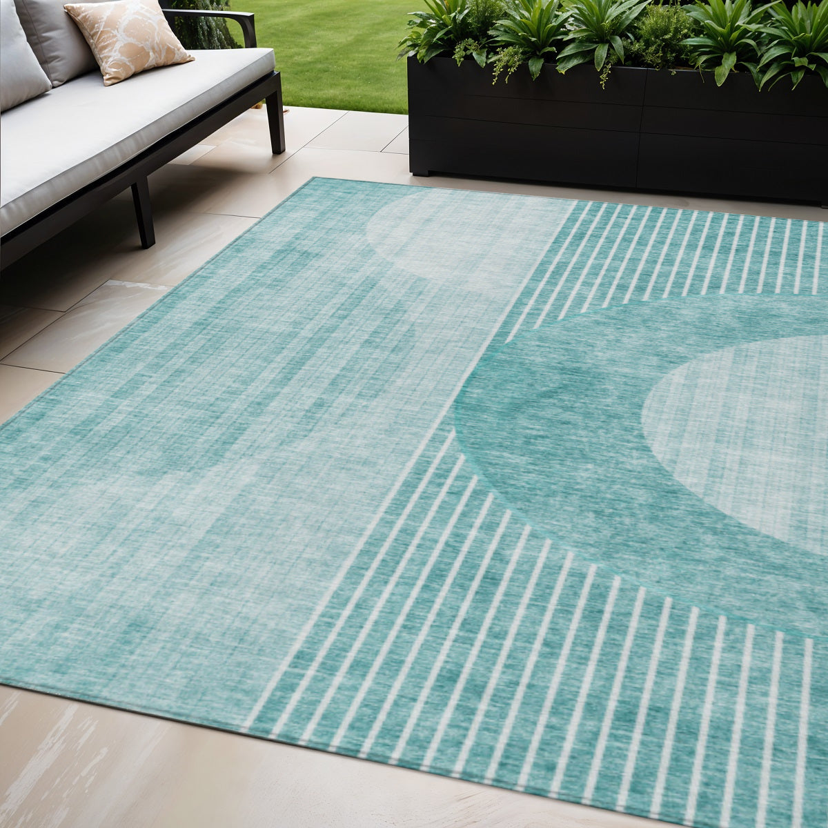 5 X 8 Teal Blue And Aqua Geometric Washable Indoor Outdoor Area Rug