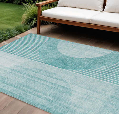 10 X 14 Teal Blue And Aqua Geometric Washable Indoor Outdoor Area Rug