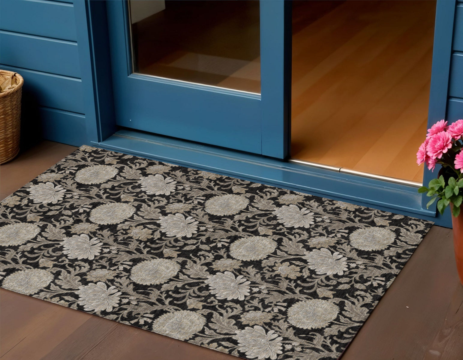 3 X 5 Black Taupe And Beige Floral Washable Indoor Outdoor Area Rug