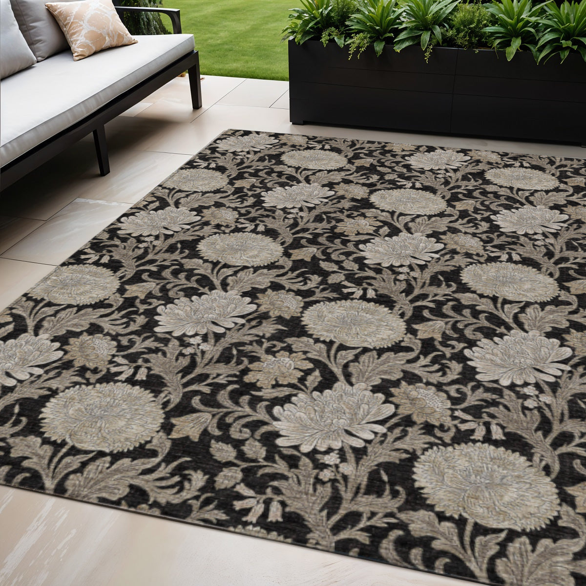5 X 8 Black Taupe And Beige Floral Washable Indoor Outdoor Area Rug