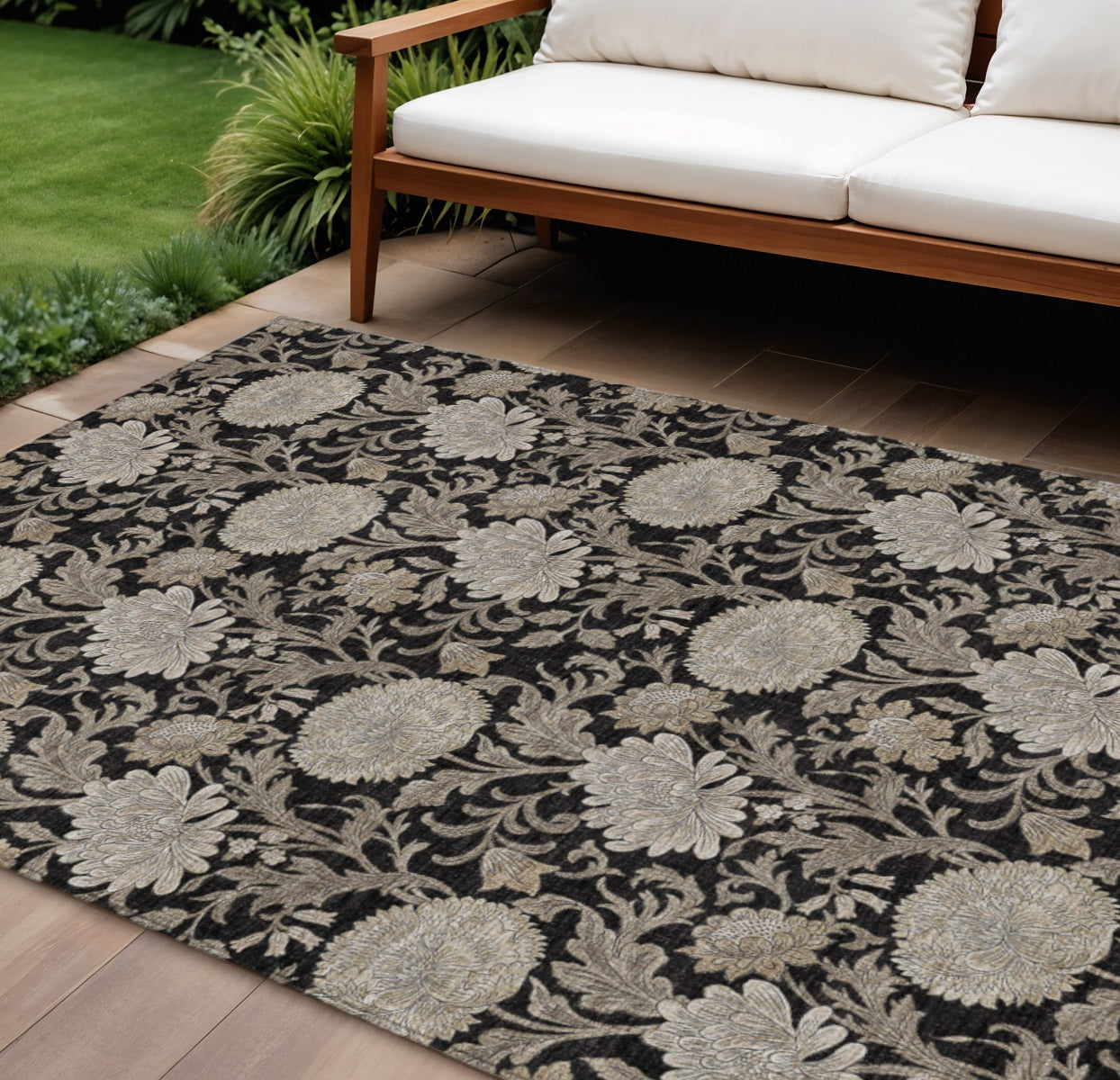 8 X 10 Black Taupe And Beige Floral Washable Indoor Outdoor Area Rug