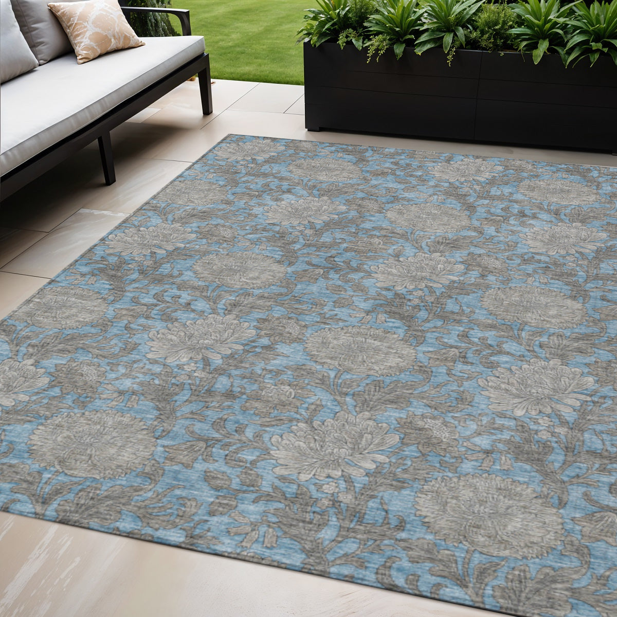 5 X 8 Blue Gray And Silver Floral Washable Indoor Outdoor Area Rug