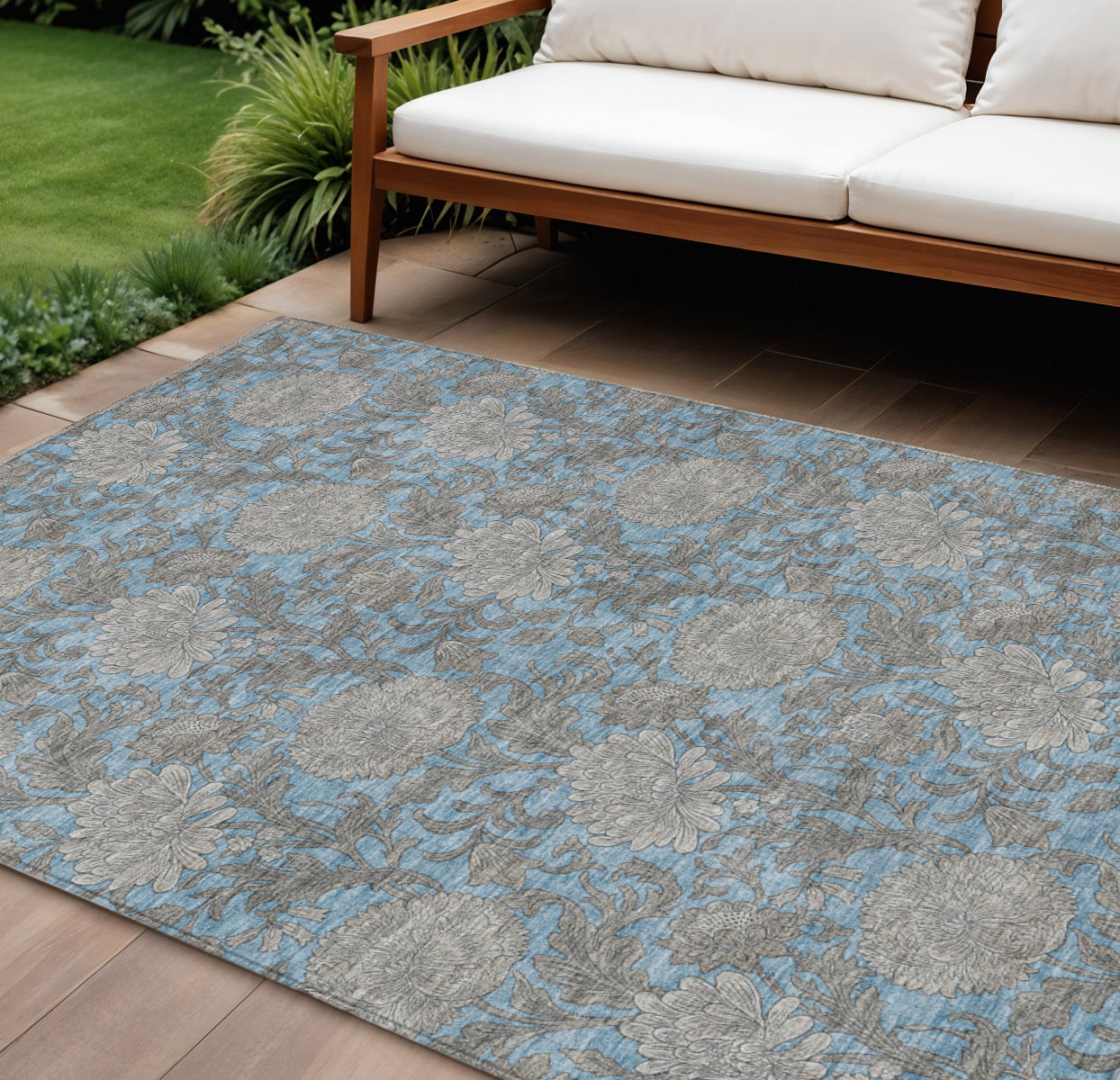 9 X 12 Blue Gray And Silver Floral Washable Indoor Outdoor Area Rug