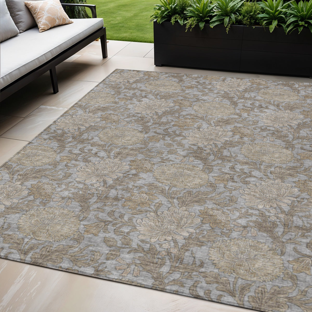 5 X 8 Gray Silver And Taupe Floral Washable Indoor Outdoor Area Rug
