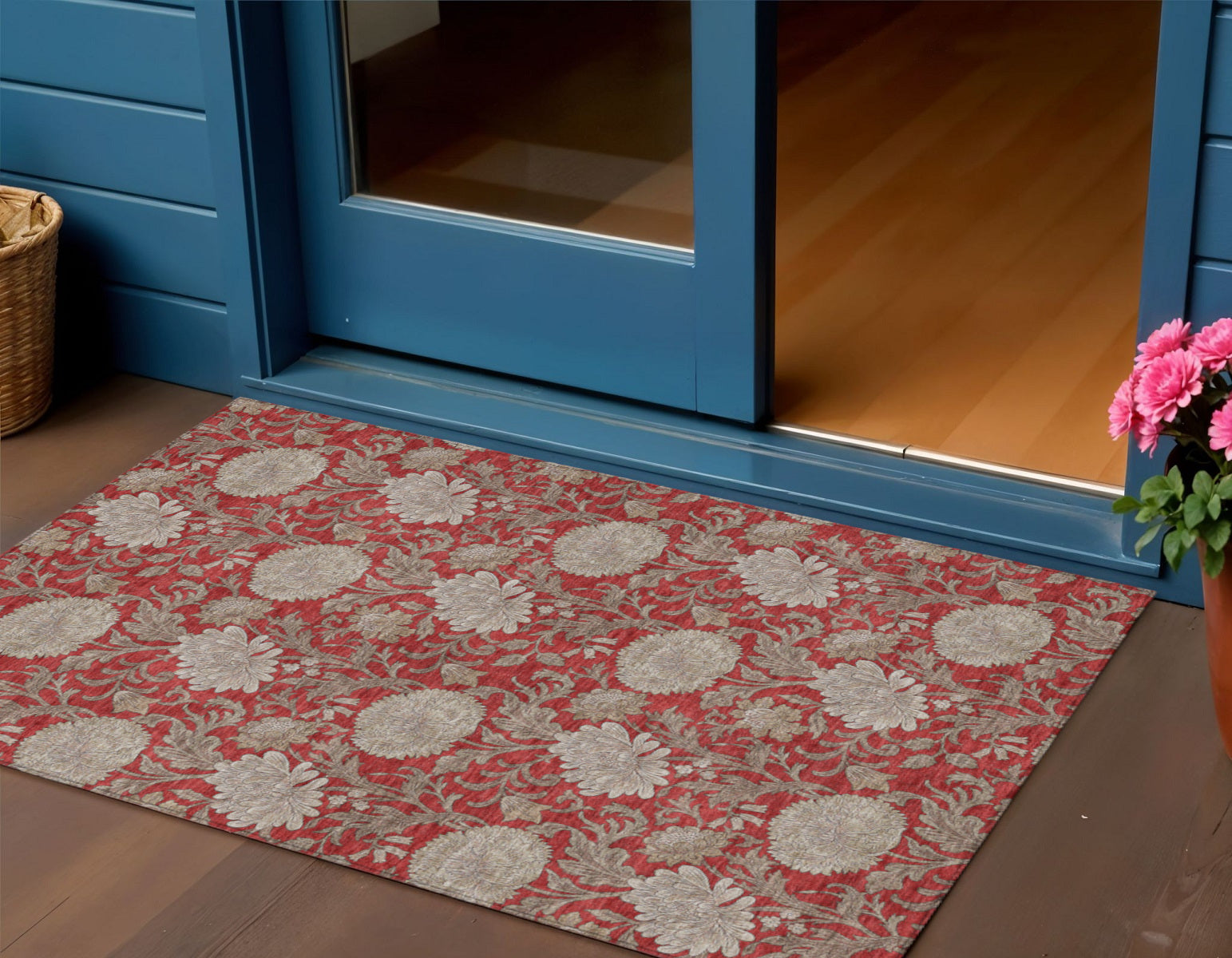3 X 5 Red Taupe And Beige Floral Washable Indoor Outdoor Area Rug