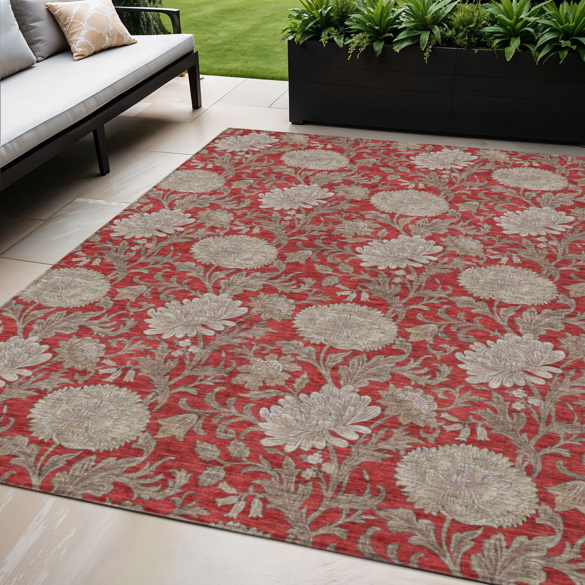 5 X 8 Red Taupe And Beige Floral Washable Indoor Outdoor Area Rug