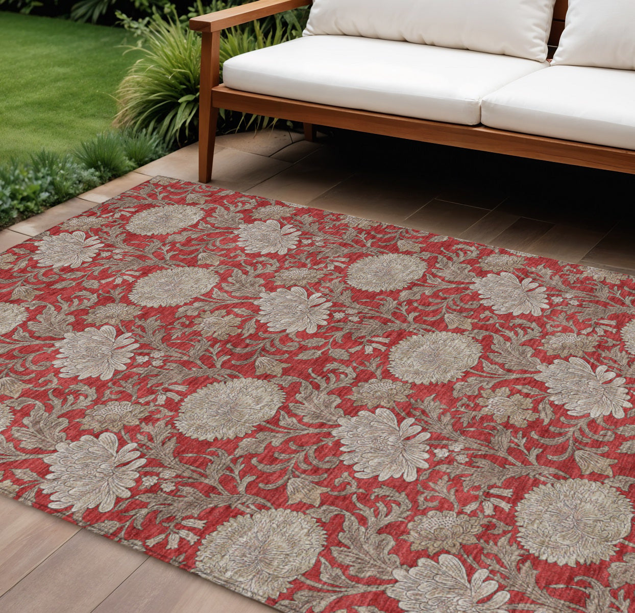 8 X 10 Red Taupe And Beige Floral Washable Indoor Outdoor Area Rug