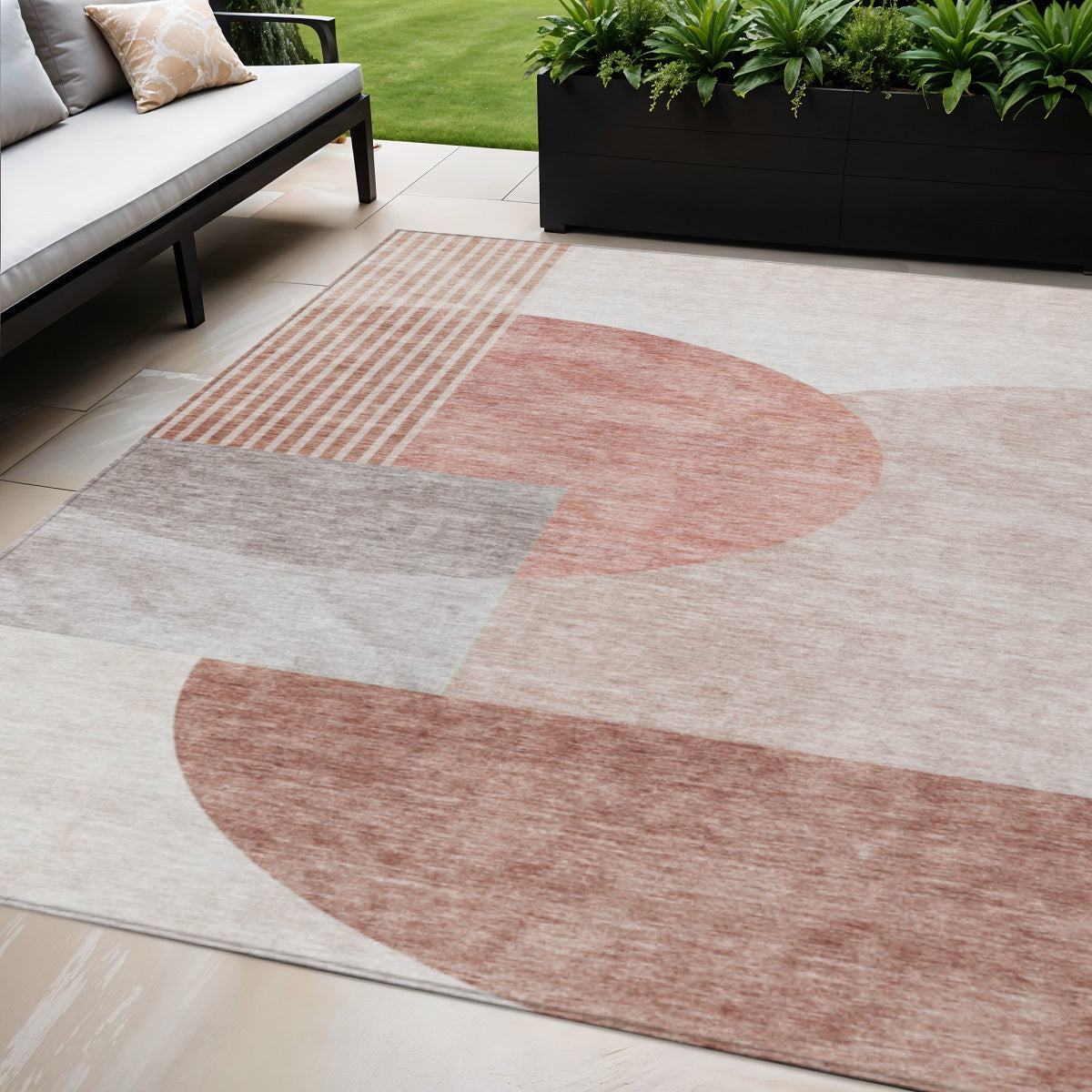 5 X 8 Copper Red And Gray Geometric Washable Indoor Outdoor Area Rug