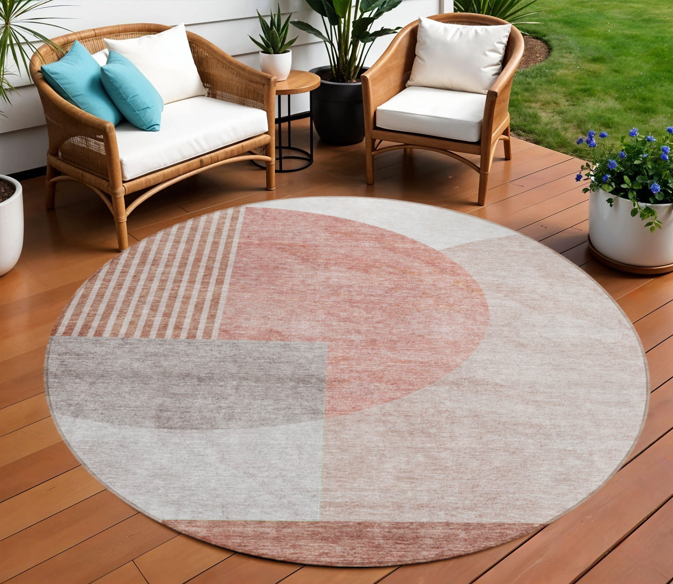 8 Copper Red And Gray Round Geometric Washable Indoor Outdoor Area Rug