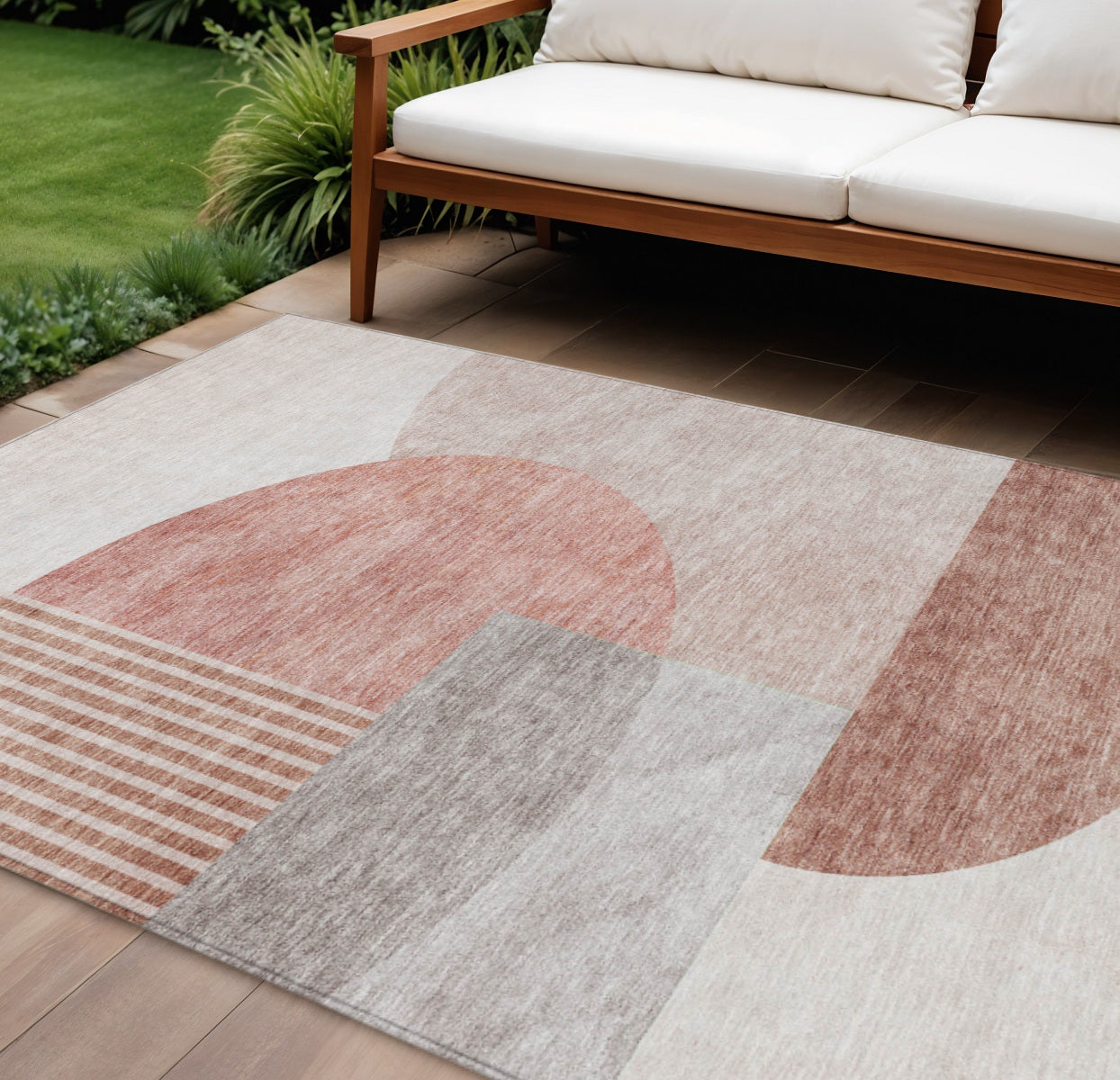 9 X 12 Copper Red And Gray Geometric Washable Indoor Outdoor Area Rug
