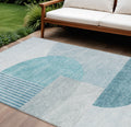 9 X 12 Teal Blue And Silver Geometric Washable Indoor Outdoor Area Rug